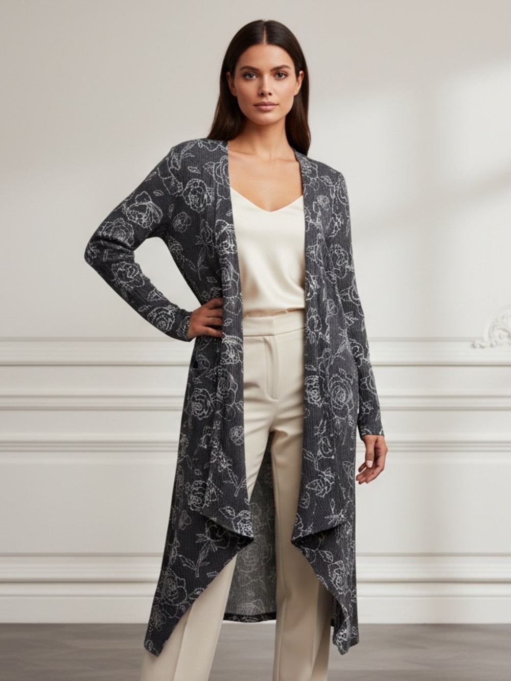LuLaRoe Elegant Charcoal Duster Cardigan with White Floral Print